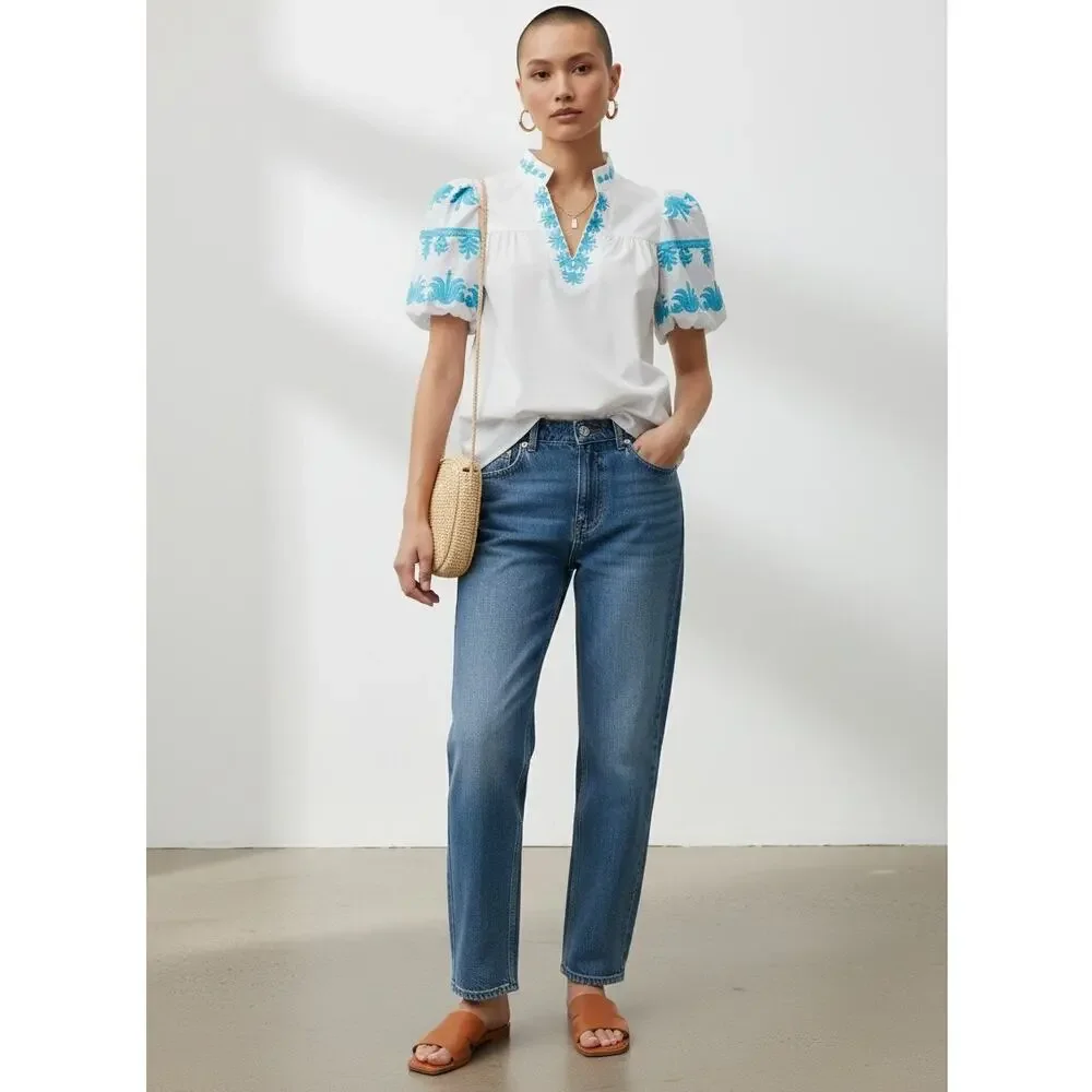 Entro NWT Off White Blue Embroidered Bubble Sleeve Blouse S